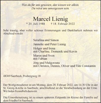 Anzeige von Marcel Lienig 