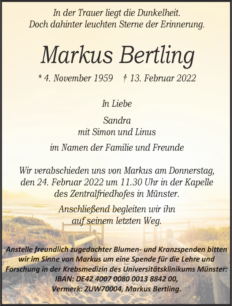  Traueranzeige für Markus Bertling vom 19.02.2022 aus 
