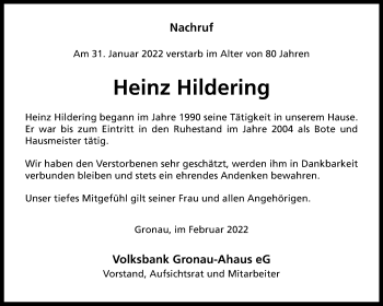 Anzeige von Heinz Hildering 