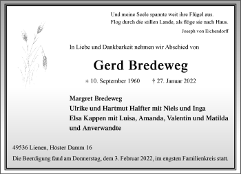 Anzeige von Gerd Bredeweg 