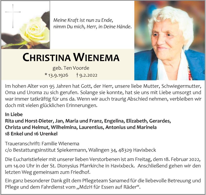  Traueranzeige für Christina Wienema vom 12.02.2022 aus 