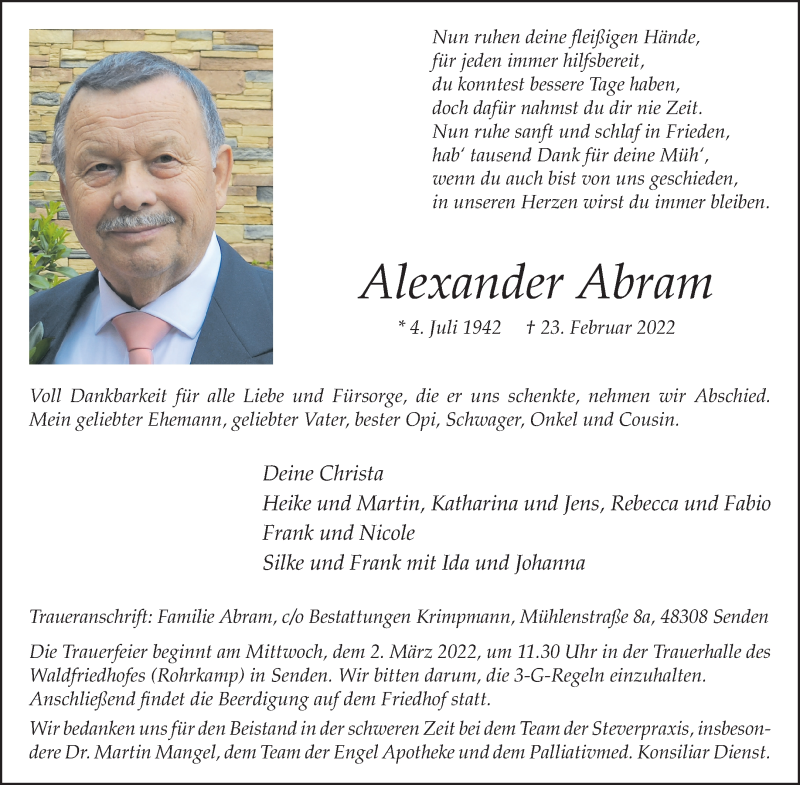  Traueranzeige für Alexander Abram vom 26.02.2022 aus 