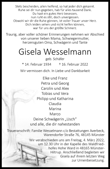 Anzeige von Gisela Wesselmann 
