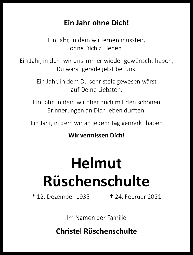  Traueranzeige für Helmut Rüschenschulte vom 26.02.2022 aus 