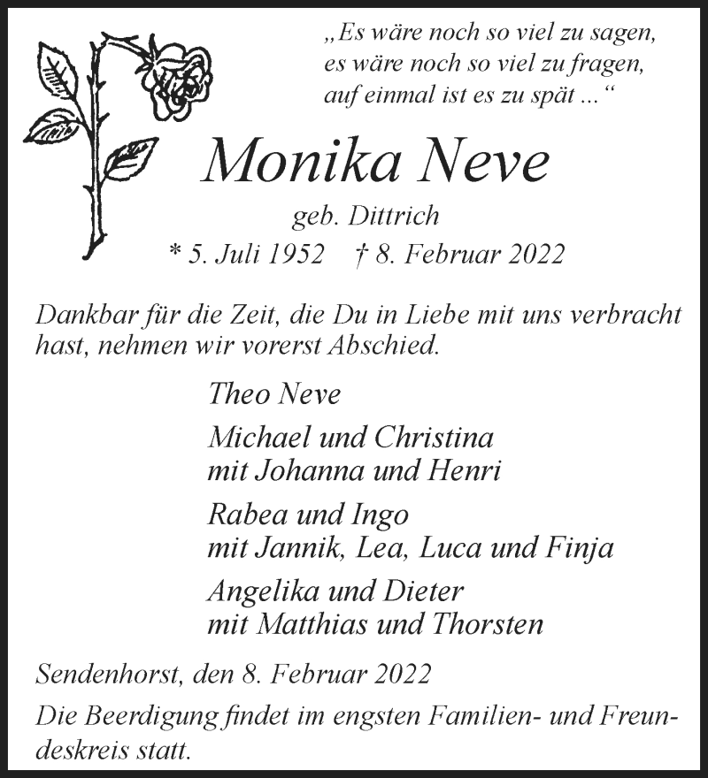  Traueranzeige für Monika Neve vom 12.02.2022 aus 