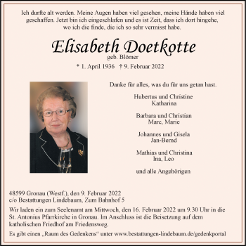 Anzeige von Elisabeth Doetkotte 