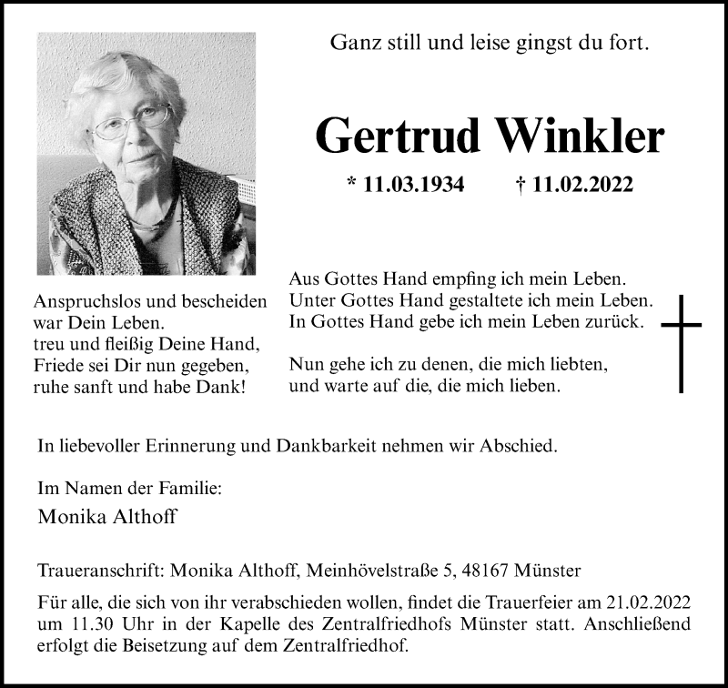  Traueranzeige für Gertrud Winkler vom 19.02.2022 aus 