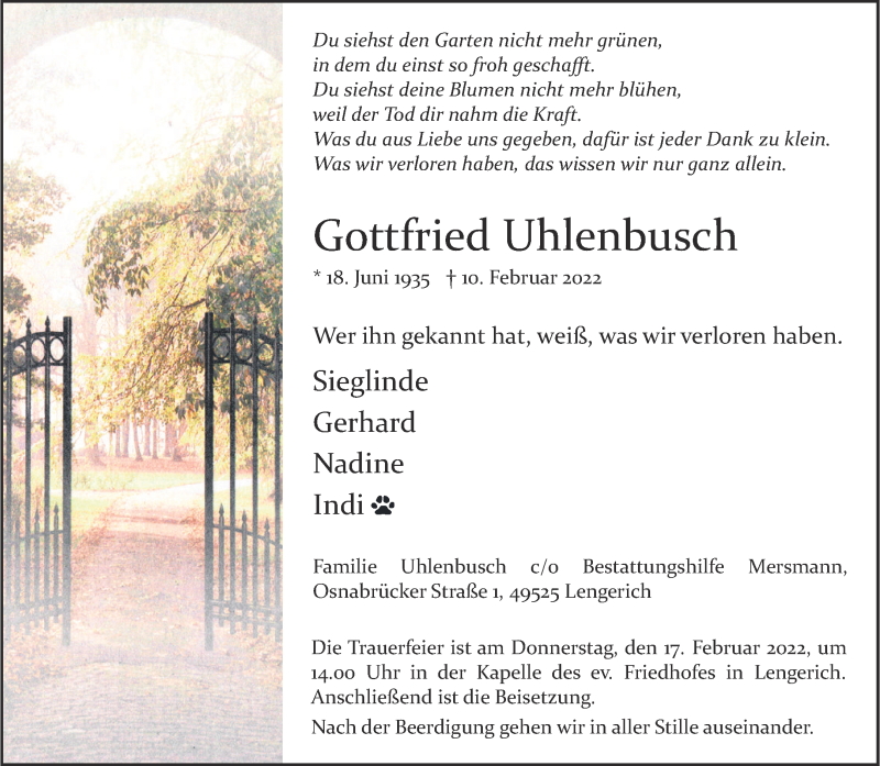  Traueranzeige für Gottfried Uhlenbusch vom 16.02.2022 aus 
