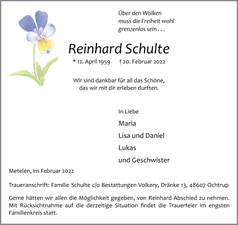 Traueranzeige für Reinhard Schulte vom 23.02.2022 aus 