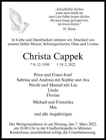 Anzeige von Christa Cappek 