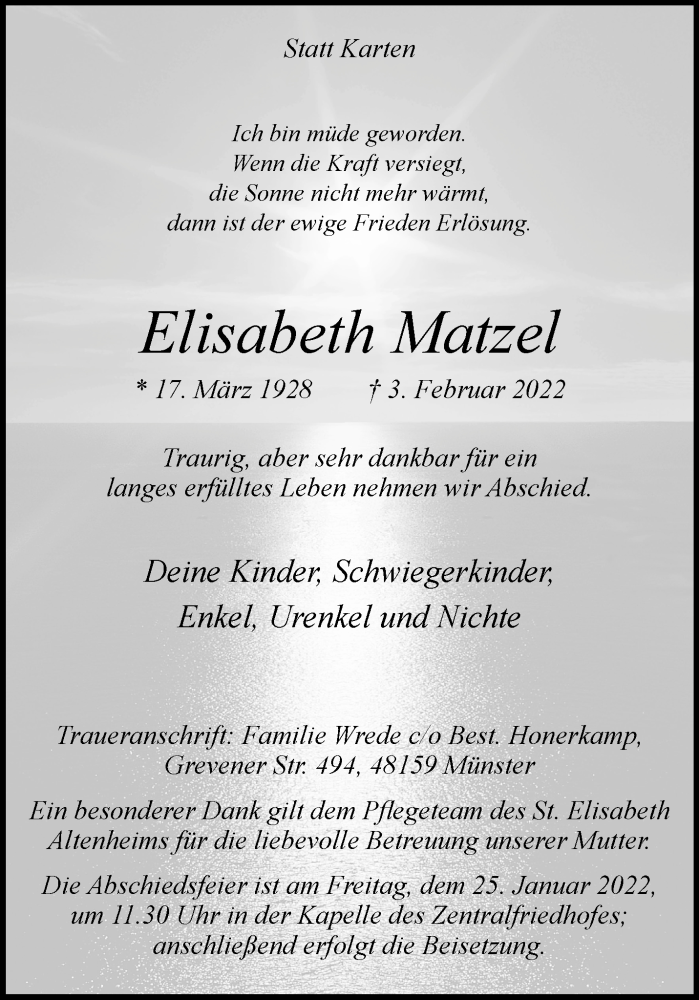  Traueranzeige für Elisabeth Matzel vom 19.02.2022 aus 