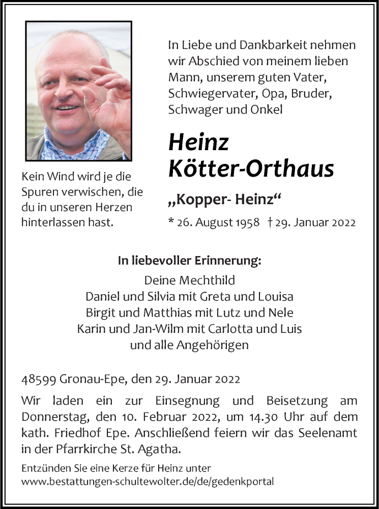  Traueranzeige für Heinz Kötter-Orthaus vom 01.02.2022 aus 