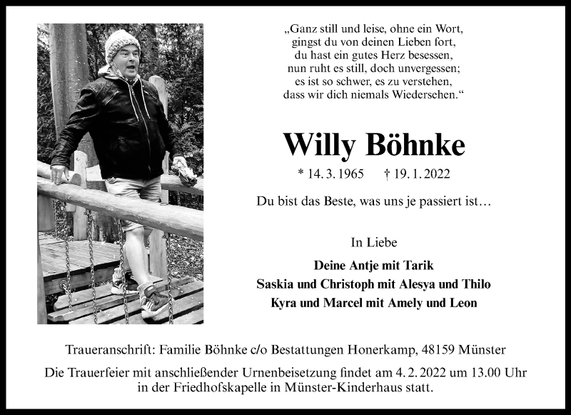  Traueranzeige für Willy Böhnke vom 02.02.2022 aus 
