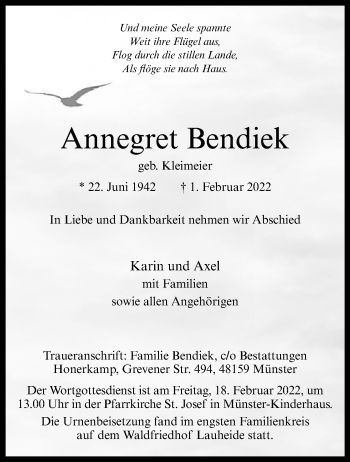 Anzeige von Annegret Bendiek 