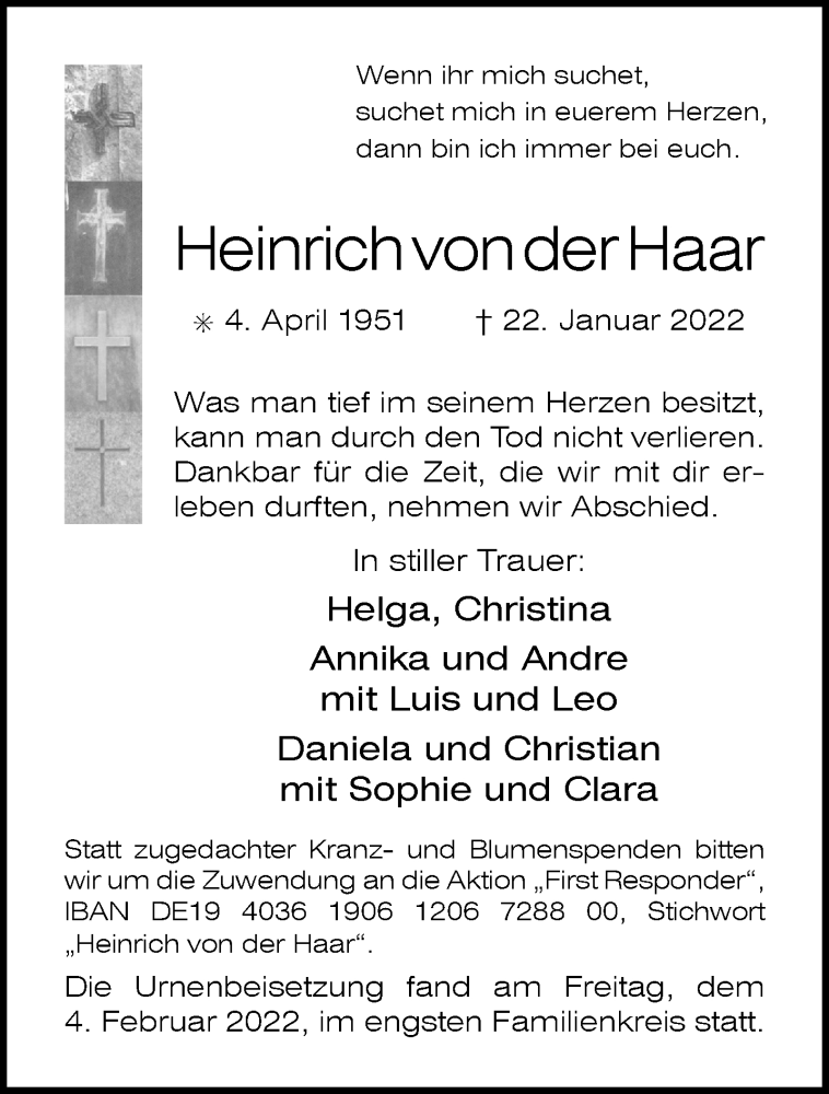  Traueranzeige für Heinrich von der Haar vom 05.02.2022 aus 