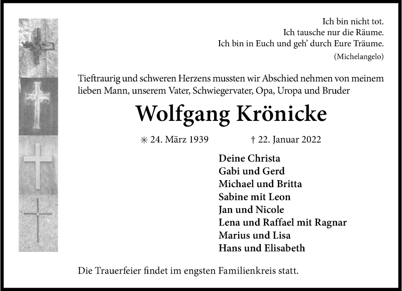  Traueranzeige für Wolfgang Krönicke vom 02.02.2022 aus 