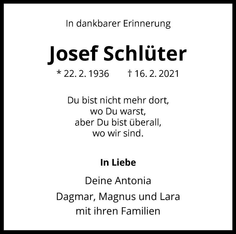  Traueranzeige für Josef Schlüter vom 16.02.2022 aus 