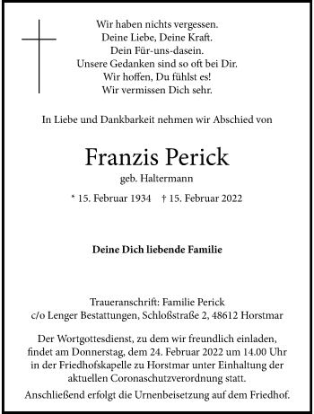 Anzeige von Franzis Perick 