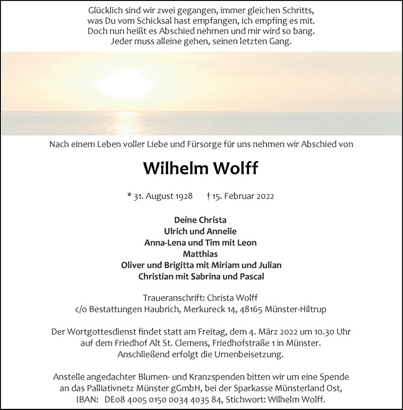  Traueranzeige für Wilhelm Wolff vom 26.02.2022 aus 