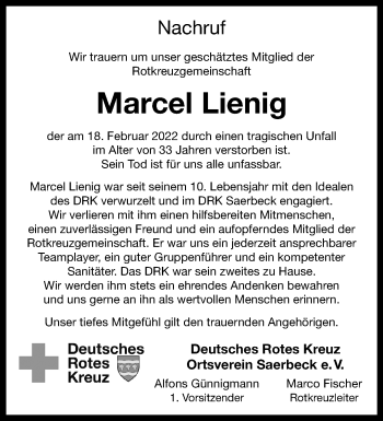 Anzeige von Marcel Lienig 