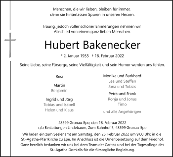 Anzeige von Hubert Bakenecker 