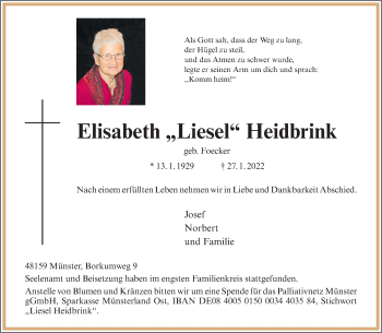 Anzeige von Elisabeth Heidbrink 