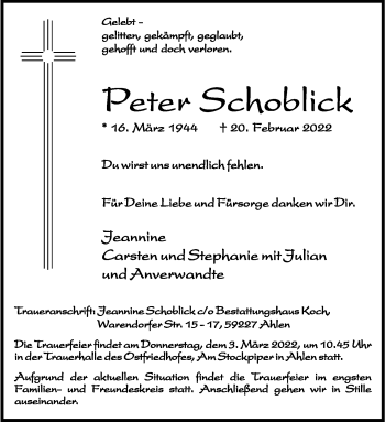 Anzeige von Peter Schoblick 