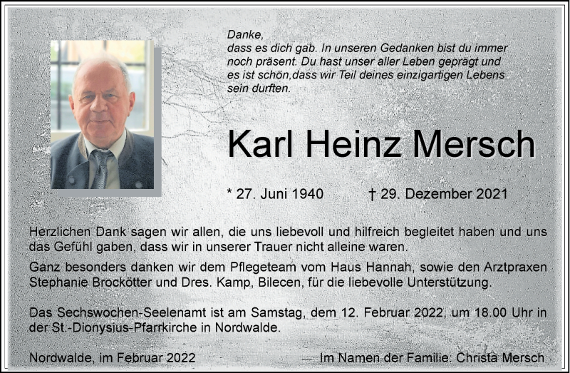  Traueranzeige für Karl Heinz Mersch vom 05.02.2022 aus 