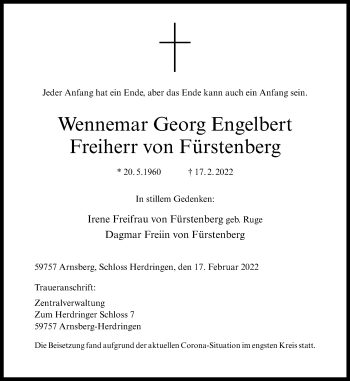 Anzeige von Wennemar Georg Engelbert Freiherr von Fürstenberg 