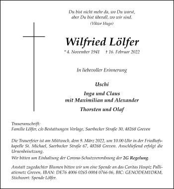 Anzeige von Wilfried Lölfer 