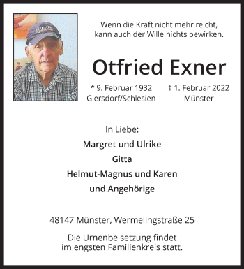 Anzeige von Otfried Exner 