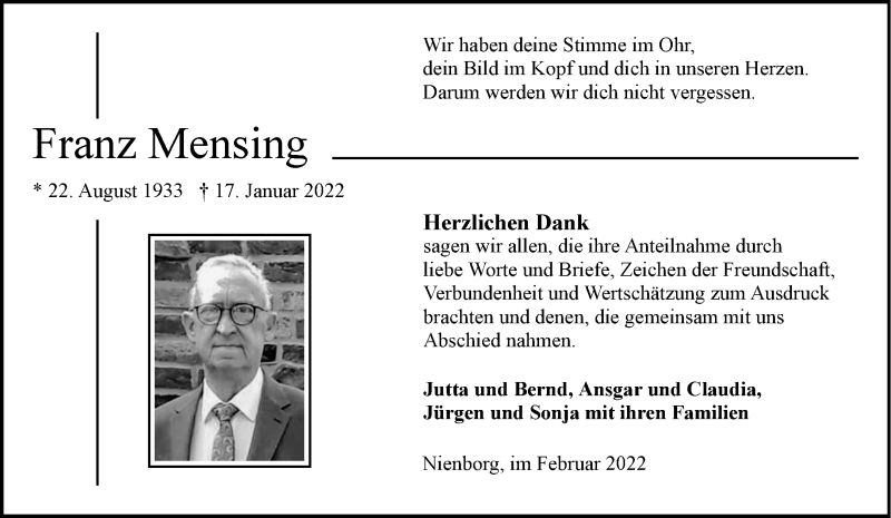  Traueranzeige für Franz Mensing vom 28.02.2022 aus 