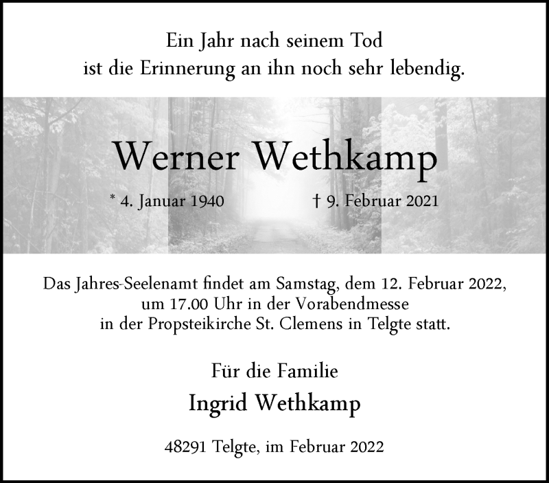  Traueranzeige für Werner Wethkamp vom 05.02.2022 aus 