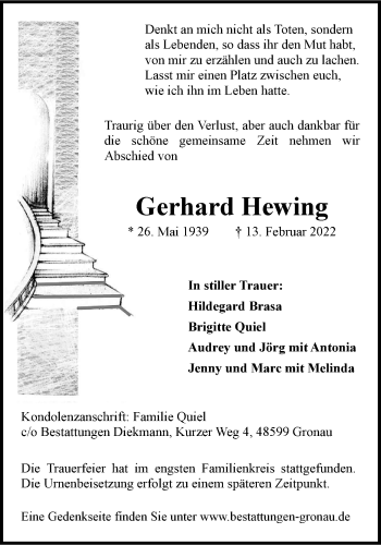 Anzeige von Gerhard Hewing 