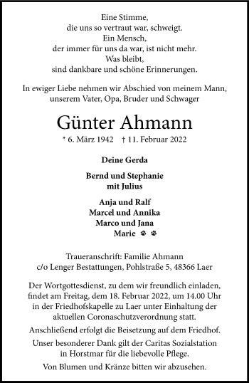 Anzeige von Günter Ahmann 