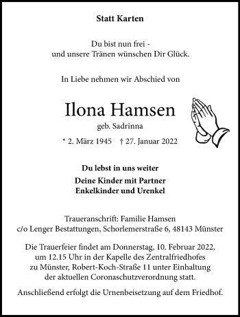 Anzeige von Ilona Hamsen 