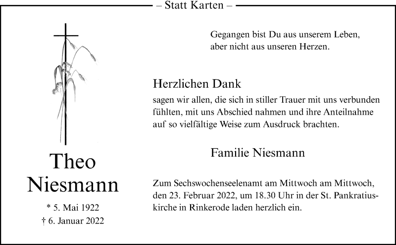  Traueranzeige für Theo Niesmann vom 19.02.2022 aus 