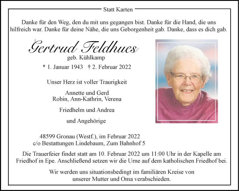  Traueranzeige für Gertrud Feldhues vom 07.02.2022 aus 