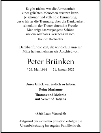 Anzeige von Peter Brünken 