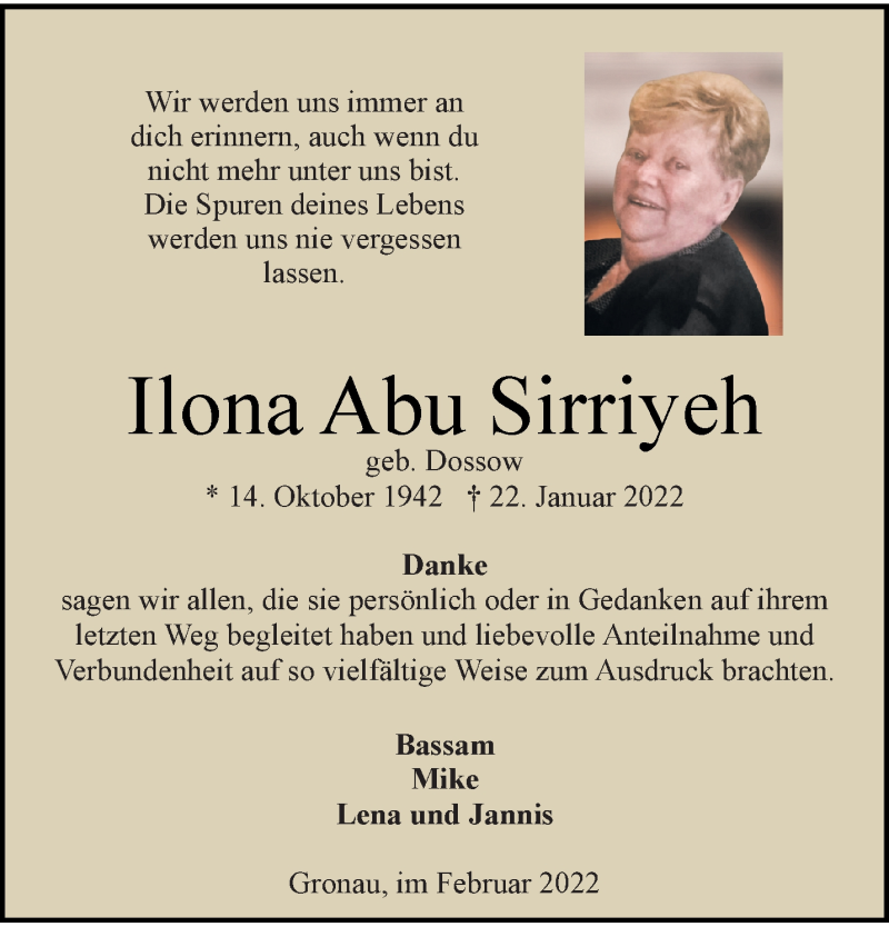  Traueranzeige für Ilona Abu Sirriyeh vom 12.02.2022 aus 