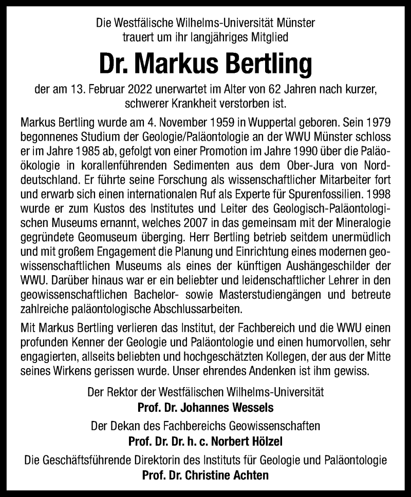  Traueranzeige für Markus Bertling vom 19.02.2022 aus 