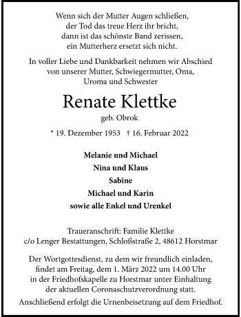 Anzeige von Renate Klettke 