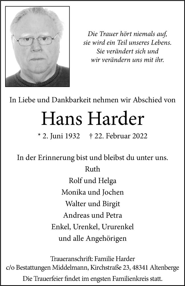  Traueranzeige für Hans Harder vom 26.02.2022 aus 