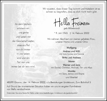 Anzeige von Hella Freimann 