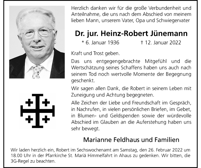  Traueranzeige für Heinz-Robert Jünemann vom 19.02.2022 aus 