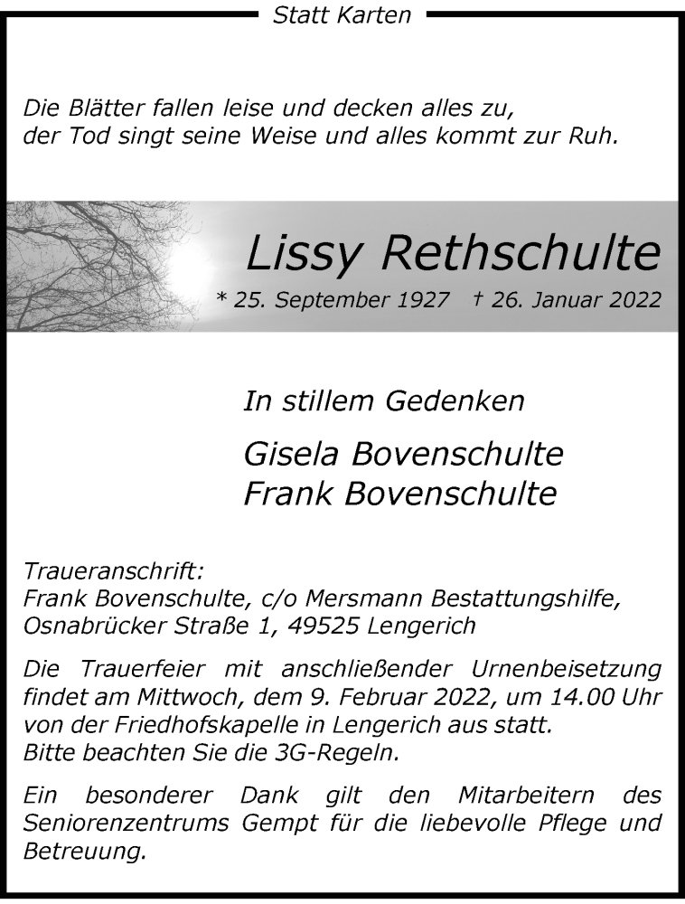  Traueranzeige für Lissy Rethschulte vom 05.02.2022 aus 
