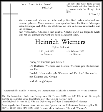 Anzeige von Heinrich Wiemers 