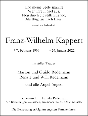 Anzeige von Franz-Wilhelm Kappert 