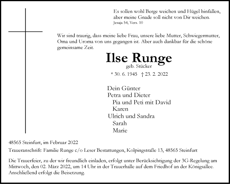  Traueranzeige für Ilse Runge vom 26.02.2022 aus 