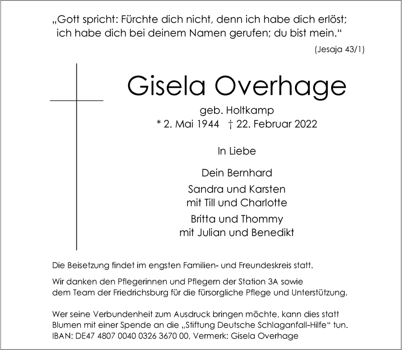  Traueranzeige für Gisela Overhage vom 26.02.2022 aus 